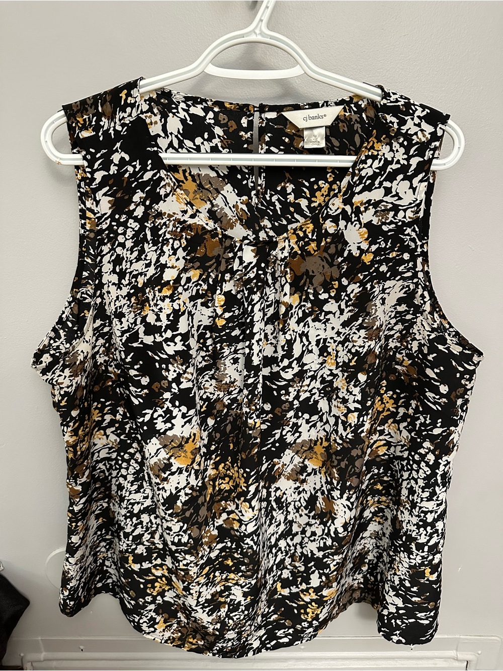 CJ Banks Flowy Black White and Mustard Floral-Print Sleeveless Top